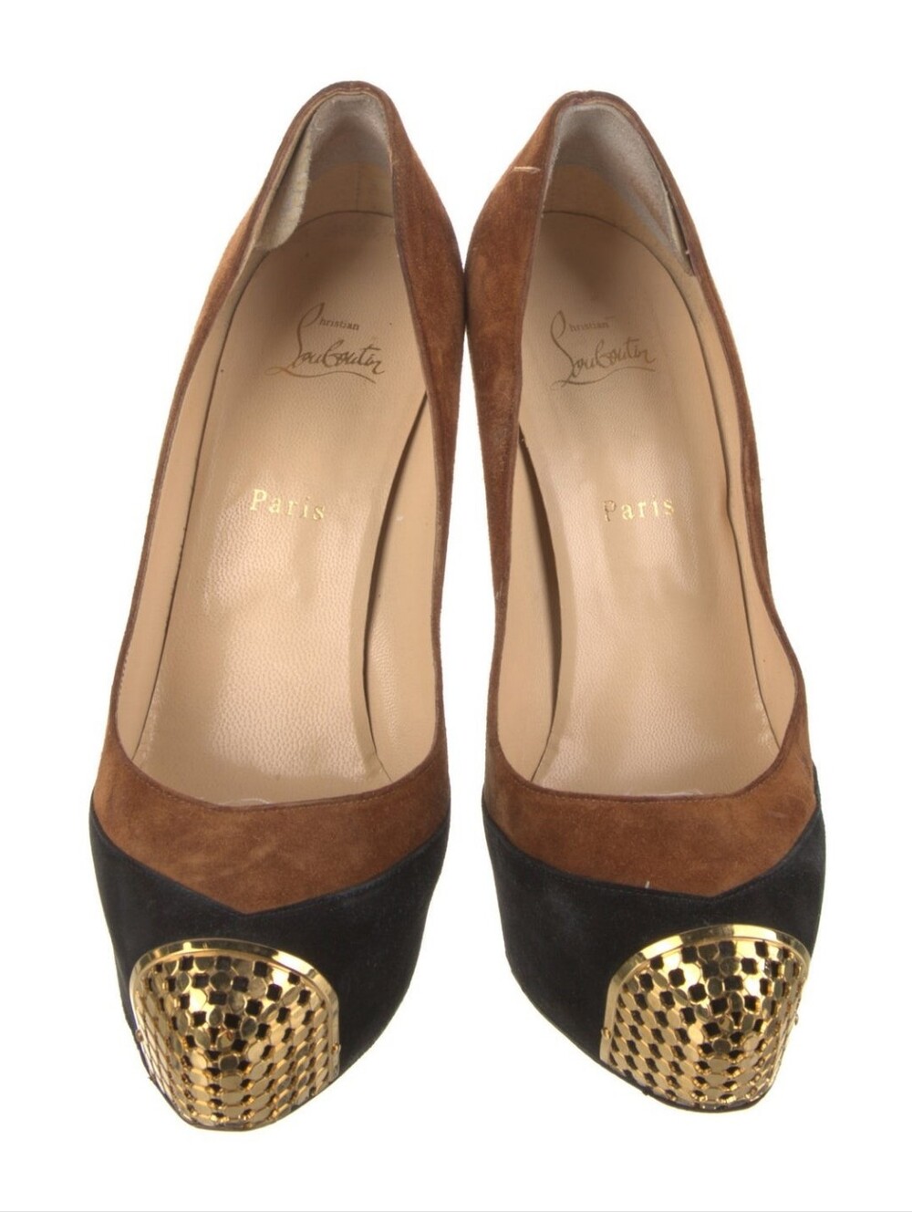 Christian Louboutin Brown/Black Suede Platform Pumps with Gold Cap Toe Size 40.5